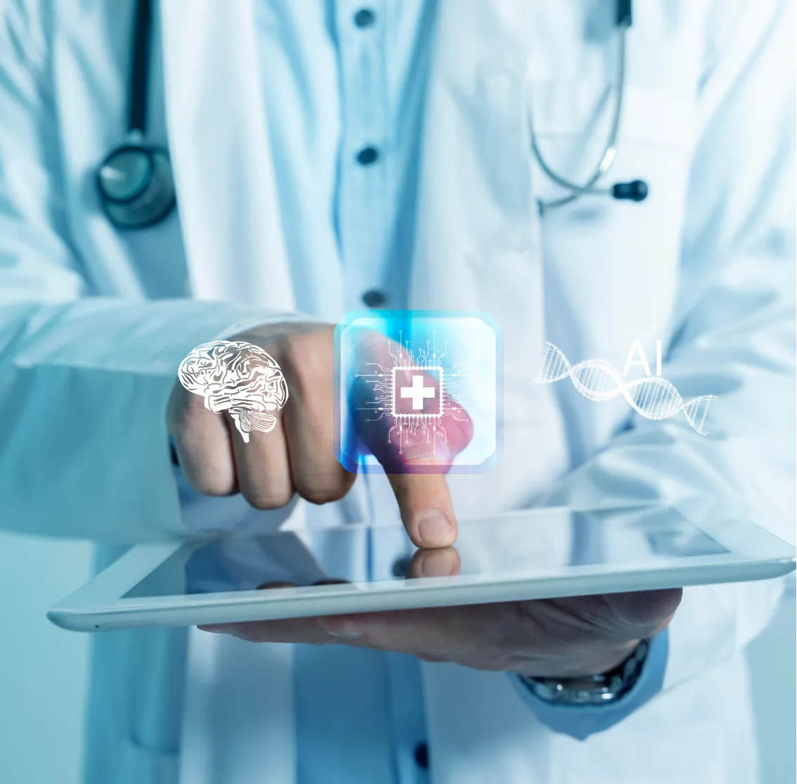 Doctor using a tablet with digital health, brain, DNA, and AI icons floating above the screen.