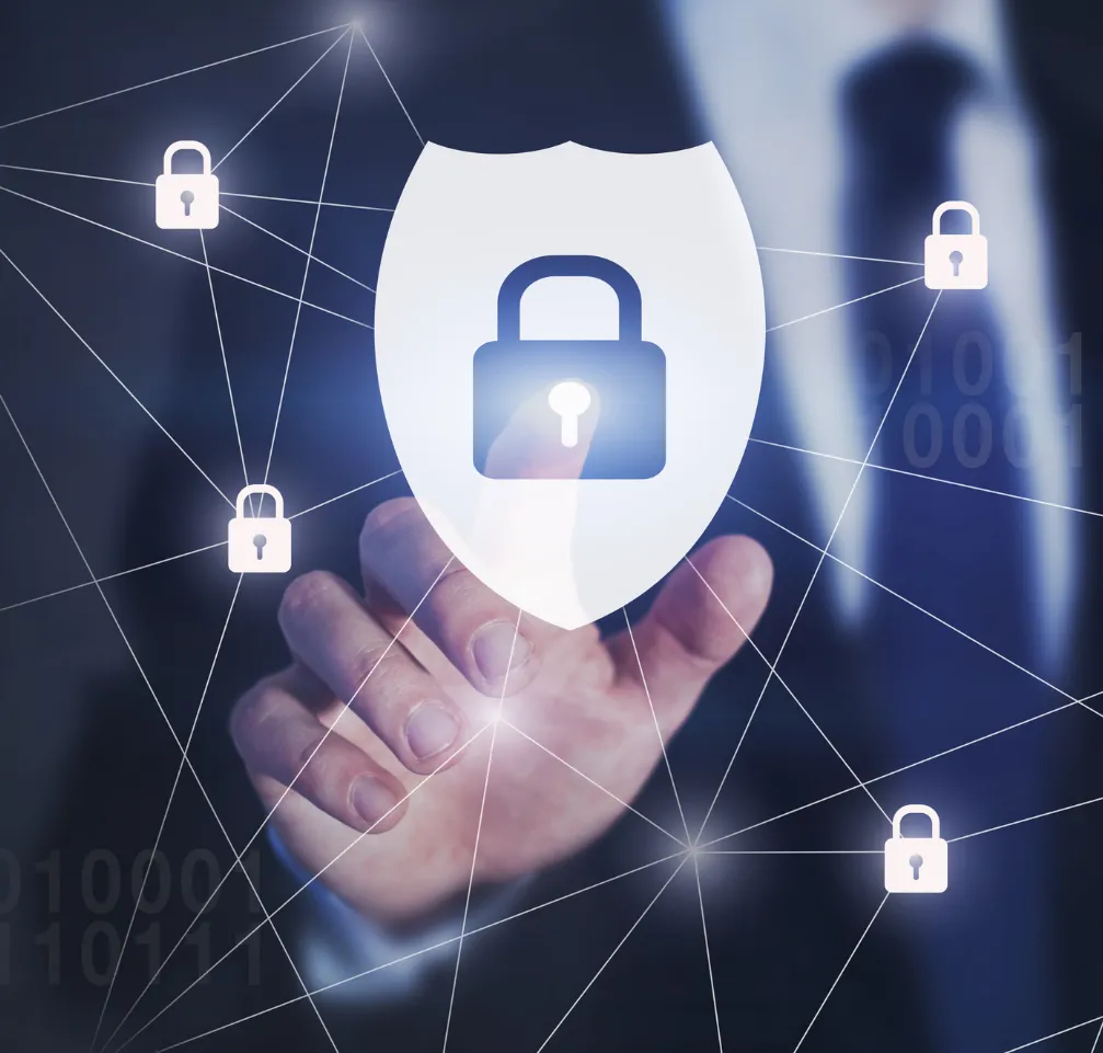 Person touching shield icon with padlock, symbolizing cybersecurity and data protection, network lines in background.