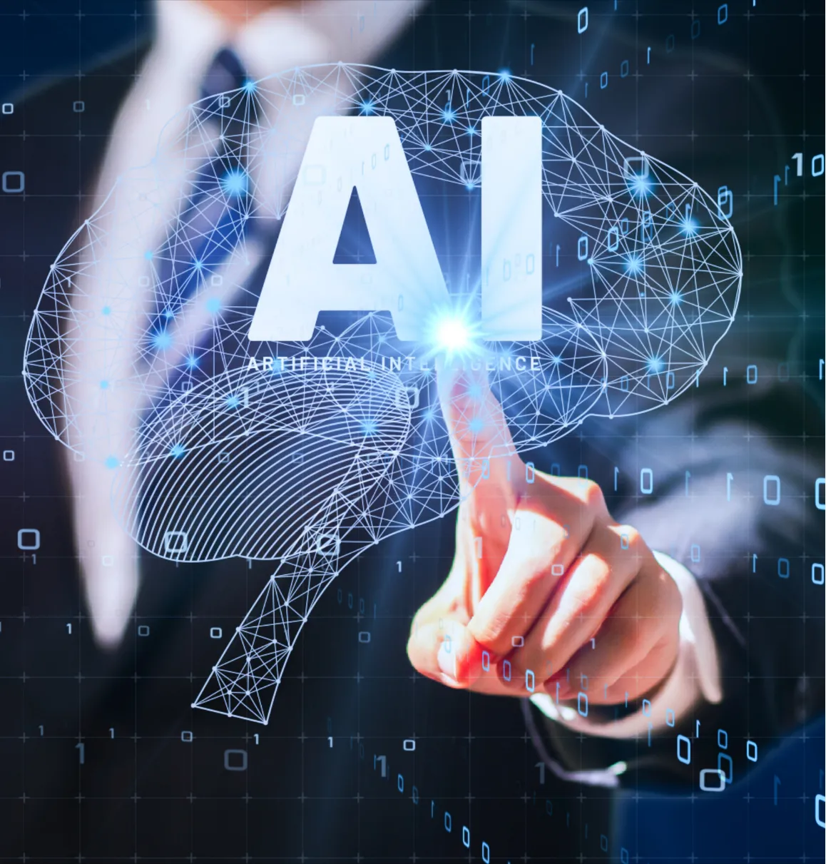 A person in a suit touches a digital AI brain hologram with binary code in the background.