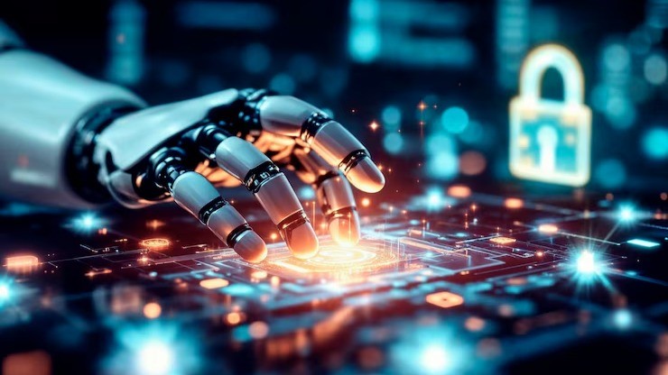 A robotic hand interacts with a glowing digital interface, with a padlock icon in the background.